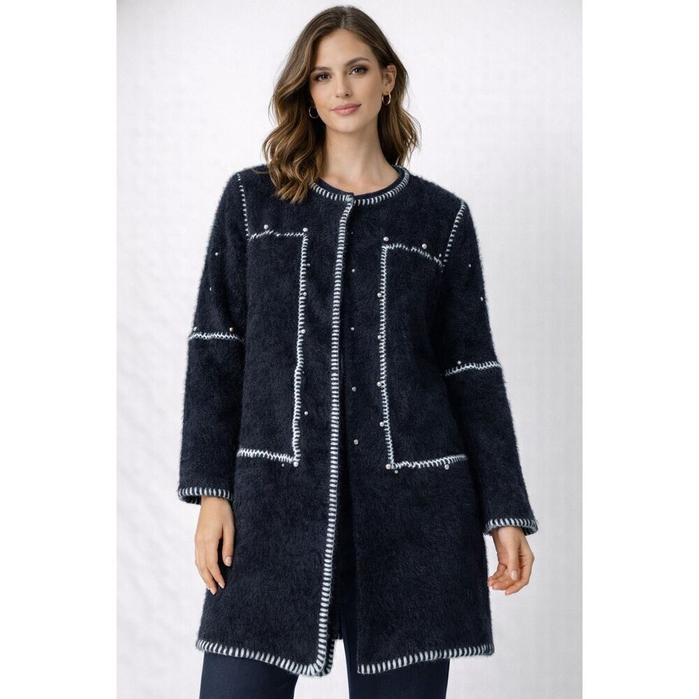 Liquid by Sioni Black Textured Long Jacket with Contrast Stitching – Size S